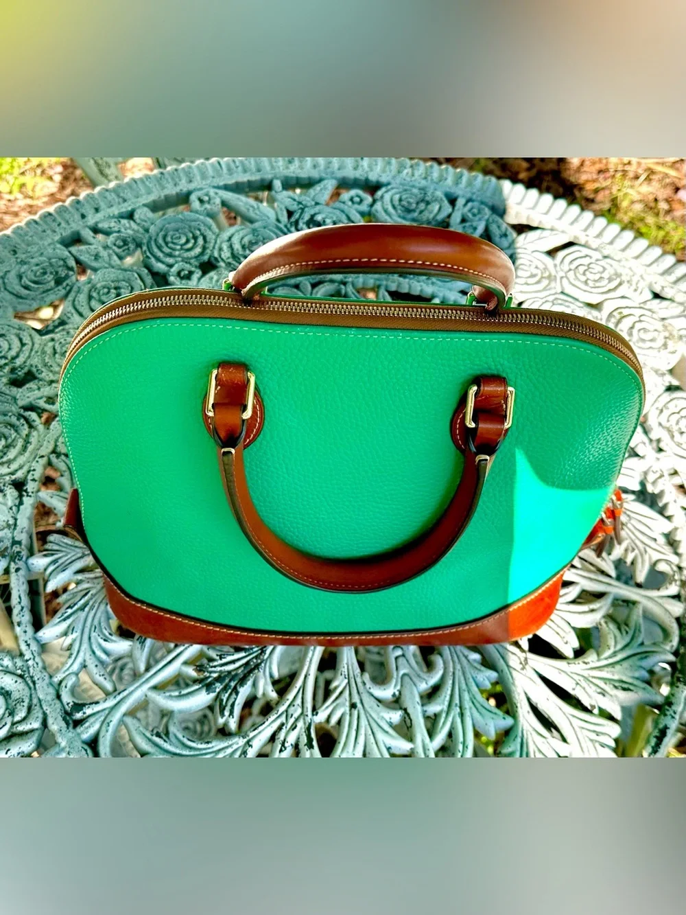 Dooney & Bourke Teal Leather Dome Satchel with Brown Trim
